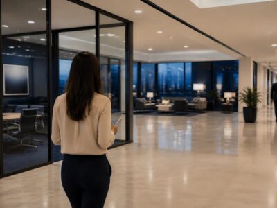 Facility manager walking through a clean commercial office lobby in the evening reviewing the commercial office cleaning service